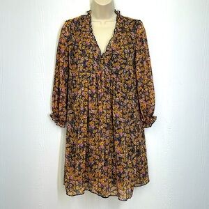 Zara - Colorful Orange And Pink Floral V Neck Lined Long Sleeve Mini Dress Med